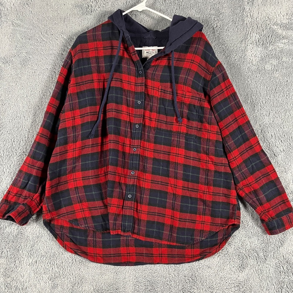 American Eagle Women's XL Oversized Red Navy Plaid Hooded Flannel Shirt Western